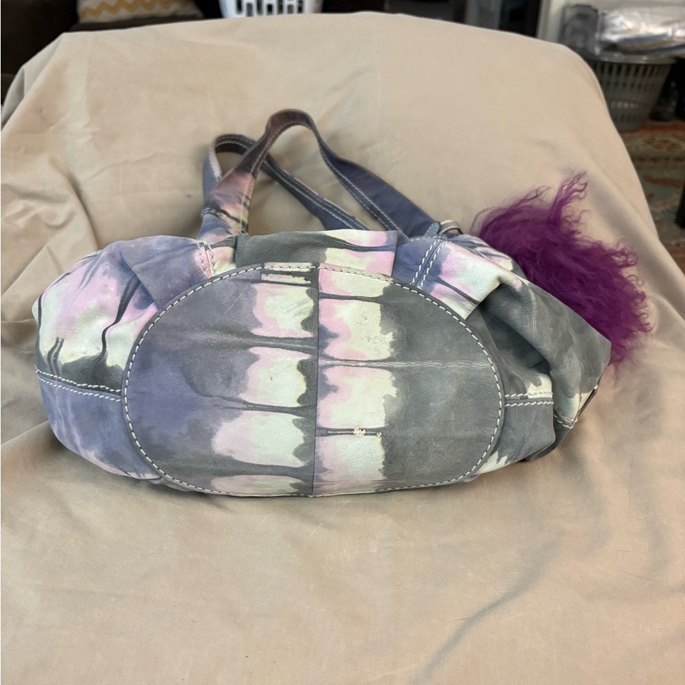 B. Makowsky Tie Dye Leather Mini Satchel Tote Bag Purple Fur Accent - Picture 3 of 10